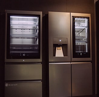 front view of lg signature refrigerator and wine cellar with their instaview light is on at ces 2019