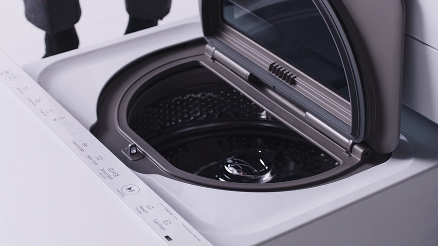 close shot of below wash drawer of lg signature washing machine, twin wash