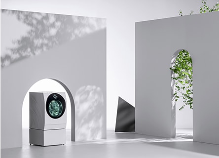 lg signature washing machine is displayed right under the arch with some architect and plant objects around it