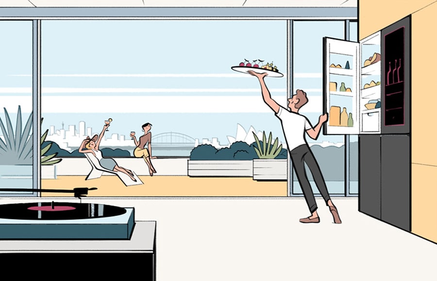 Illustration of LG SIGNATURE Refrigerator in Sydney city background