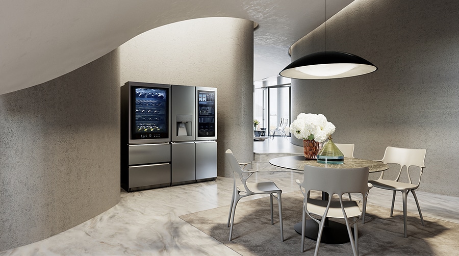 LG SIGNATURE Refrigerator and Wince Cellar are placed on the modern luxury dining room with Kartell's furnishing items.