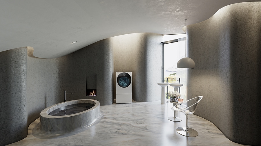 LG SIGNATURE Washing Machine are placed on the modern luxury laundry room with Kartell's furnishing items.