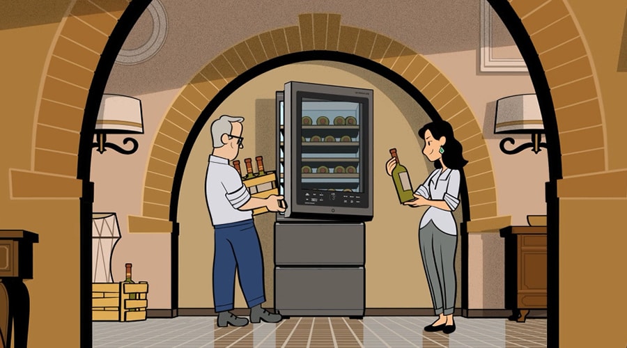 Illust image of LG SIGNATURE Wine Cellar's auto open door feature with James Suckling and his wife.