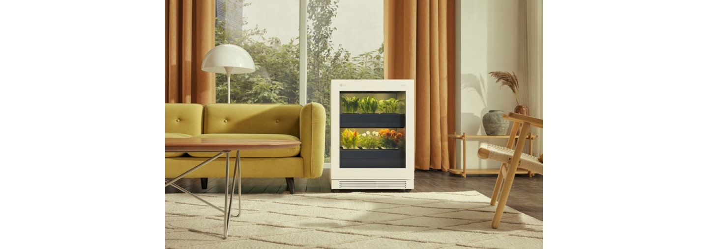 A front view of LG tiiun Nature Beige indoor gardening appliance next to a sofa in a living room.