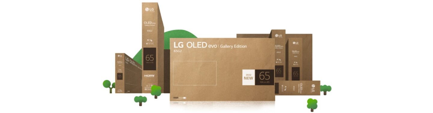 LG OLED evo TVs packed in recyclable boxes featuring single-color printing to save on energy and resources.