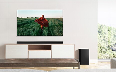 LG Soundbar sitting on a wooden cabinet below the wall-mounted LG TV to complement the TV's sound while blending effortlessly into the earthy room décor