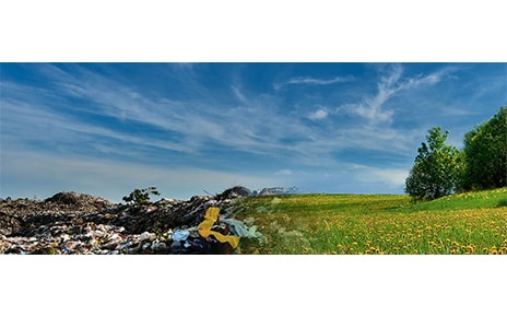 A photo showing half the landscape as a landfill and the other half as a beautiful meadow