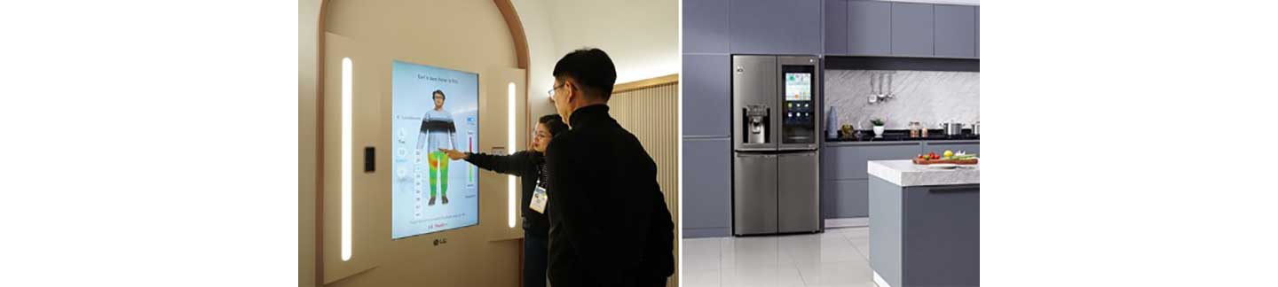 The left image shows an LG representative explaining how to use ThinQ Fit to shop for clothes, whereas the second image displays LG’s smart refrigerator in a modern kitchen setting with its front display turned on