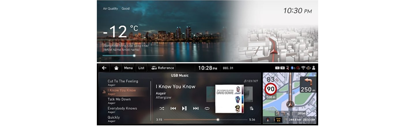  The LG infotainment system displaying various information including the weather, a navigation tool and a user interface for playing music 