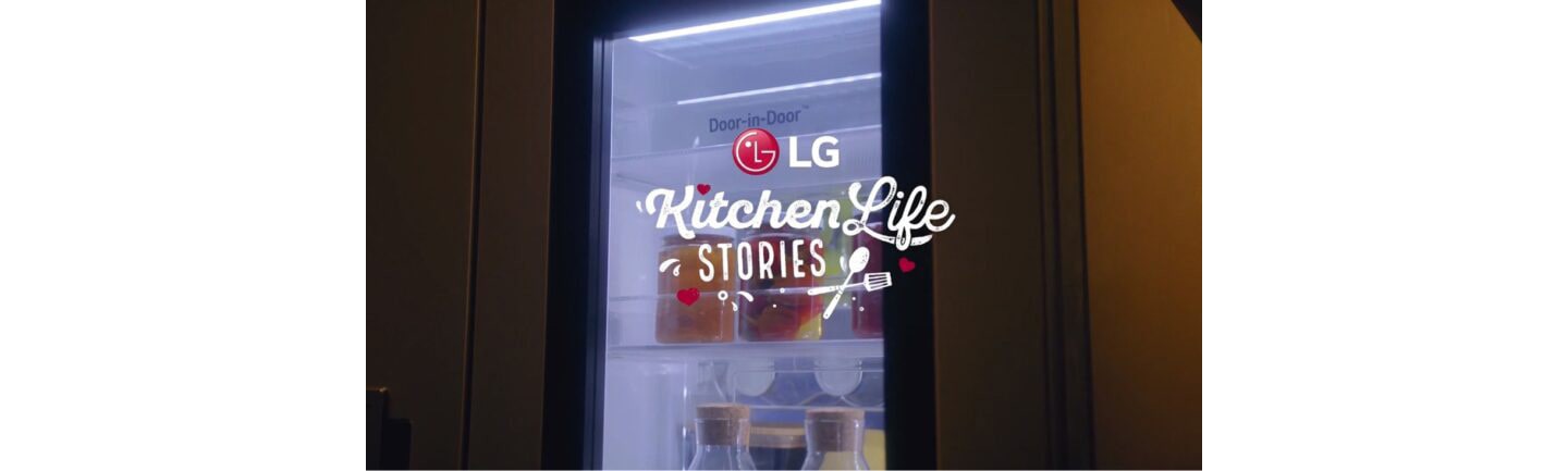 A screenshot from LG Austria’s KitchenLife Stories YouTube video featuring LG’s unique InstaView Door-in-Door refrigerator.