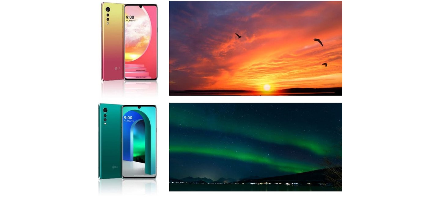 Two representative colors of LG VELVET; Illusion Sunset and Aurora Green, next to images depicting their inspiration