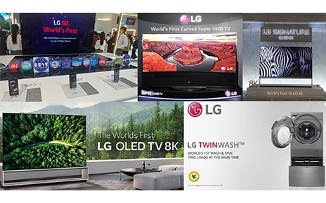 A five-picture collage showing LG's world’s-first technological achievements, including the first 5G smartphone, curved UHD TV, 8K OLED TV and washing machine with TwinWash technology