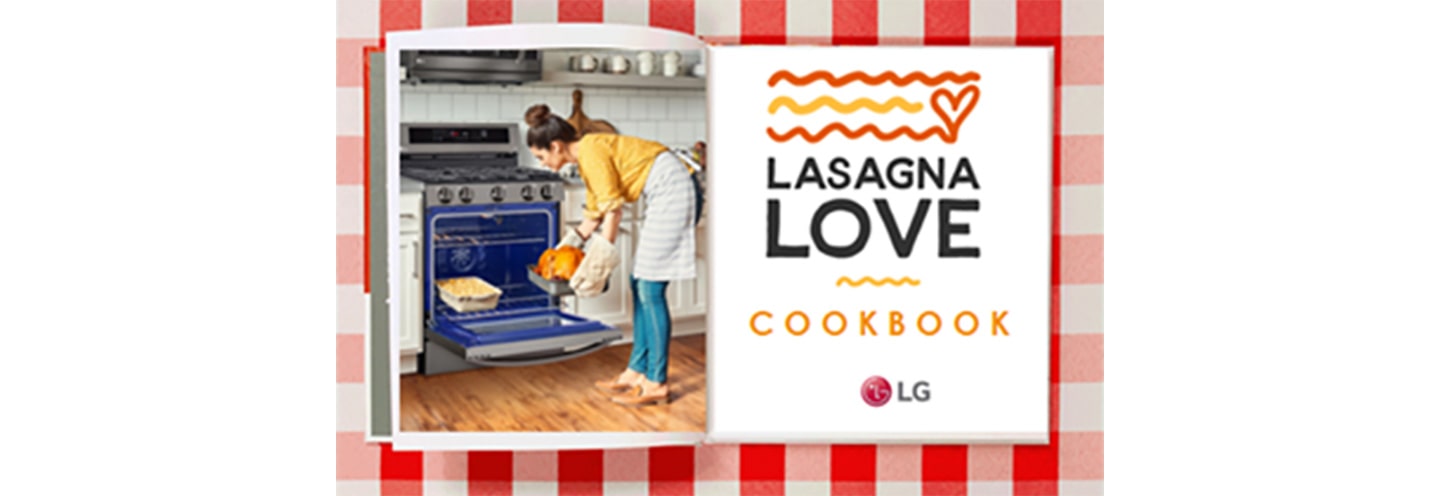 LG’s Lasagna Love Cookbook featuring a woman taking a turkey from her LG oven.