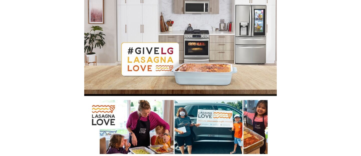 A screenshot of the Give LG Lasagna Love Challenge website with a Lasagna placed in a kitchen fully equipped with LG appliances.