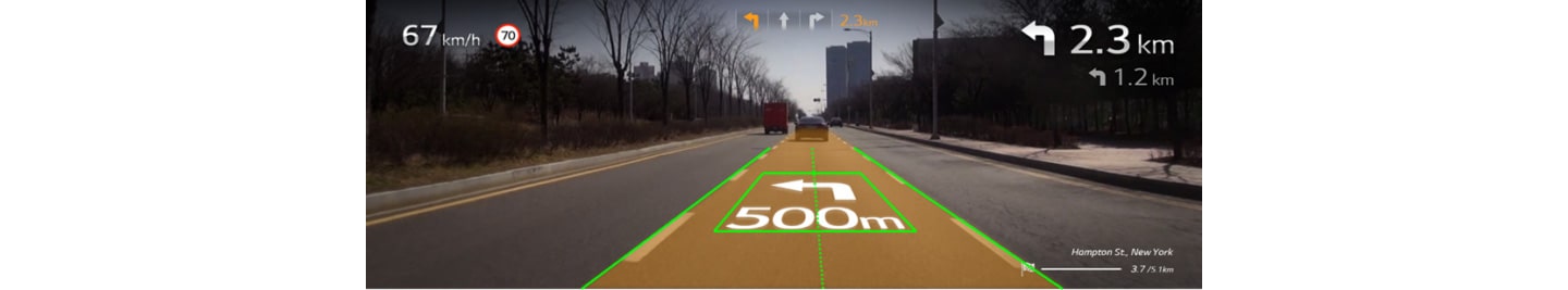 LG’s AR software solution giving directions as seen by the driver of the vehicle.