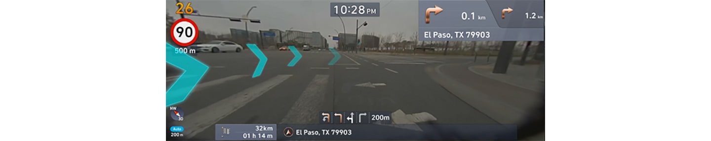 LG’s AR software solution giving directions as seen by the driver of the vehicle.