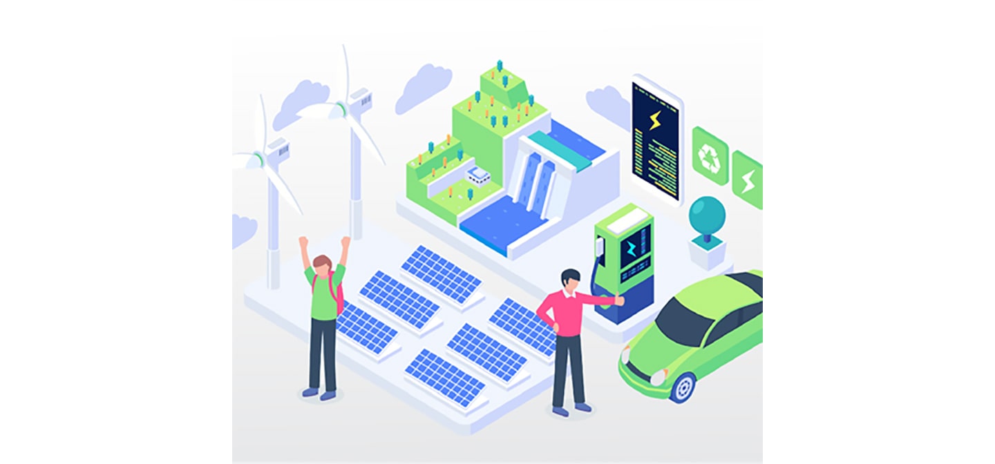 An illustration of green technologies including an electric vehicle and charging station, solar panels, wind turbines and a hydroelectric power station.