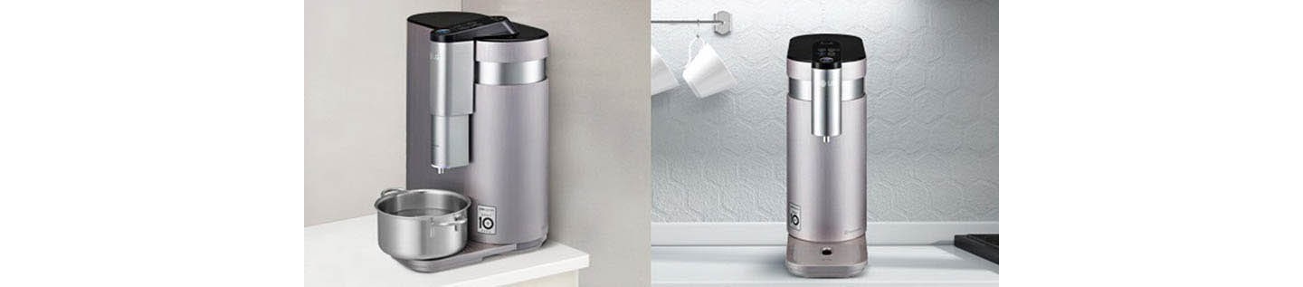 A right-side view of LG PuriCare™ with a pot placed underneath on the left, and its front view on the right