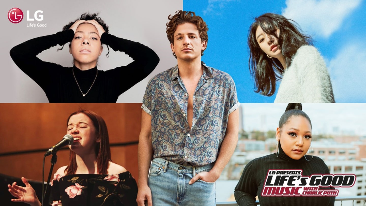 A promotional image for LG’s Life's Good Music campaign with the four winners and Charlie Puth 