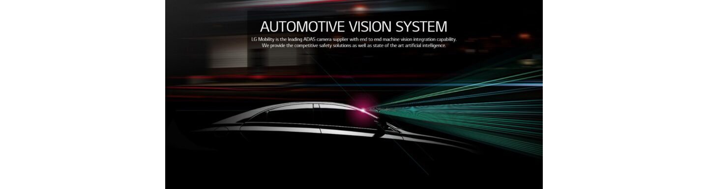 A promotional image of LG's ADAS camera with an image of a black car sending out signals from its front windshield 