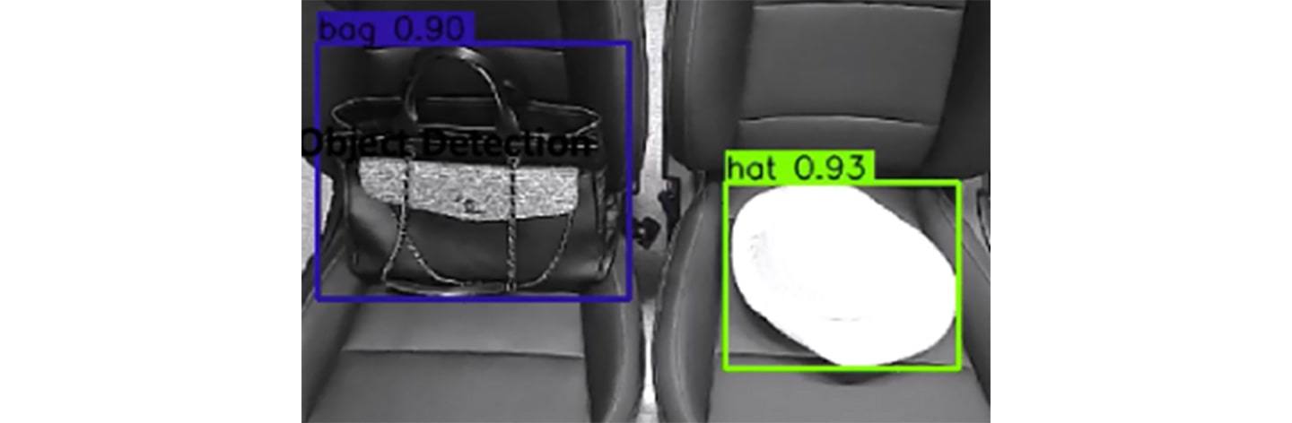 LG's in-vehicle cabin cameras detecting a bag and hat on the passenger seats 