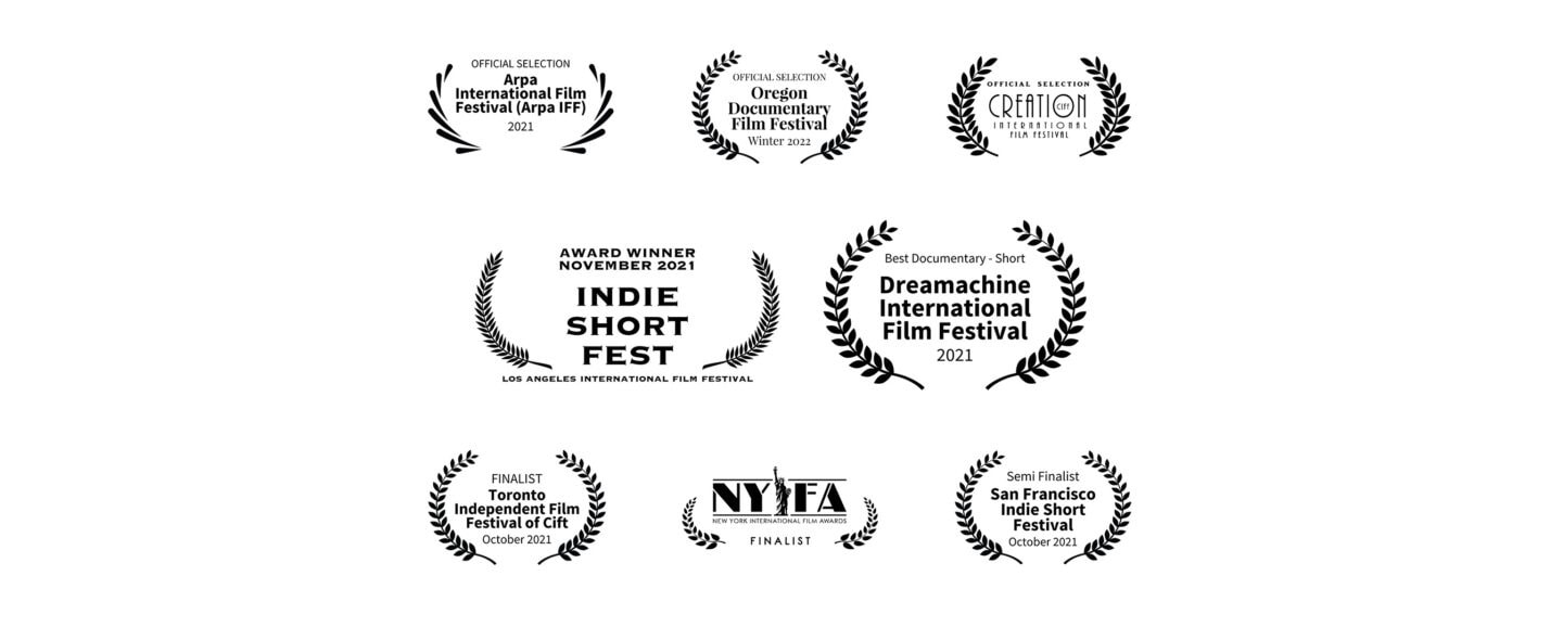 Eight different logos of the Arpa International Film Festival, the Oregon Documentary Film Festival, Creation International Film Festival, the Indie Short Fest, the Dreamachine International Film Festival, Toronto Independent Film Festival, New York International Film Awards and the San Francisco Indie Short Festival 