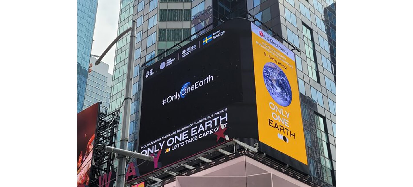 LG's digital billboard in Time Square, New York displaying a video of LG's Only One Earth campaign