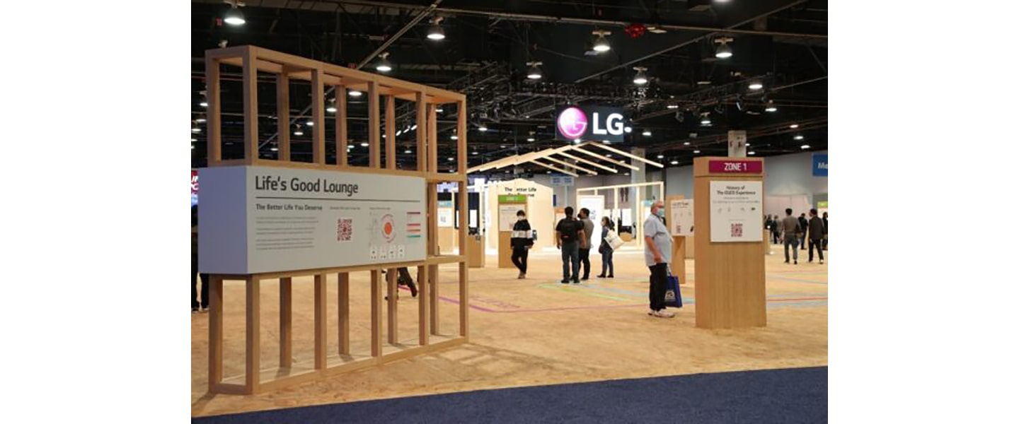 LG's booth at CES 2022 entirely made out of upcycled, recycled and recyclable materials.