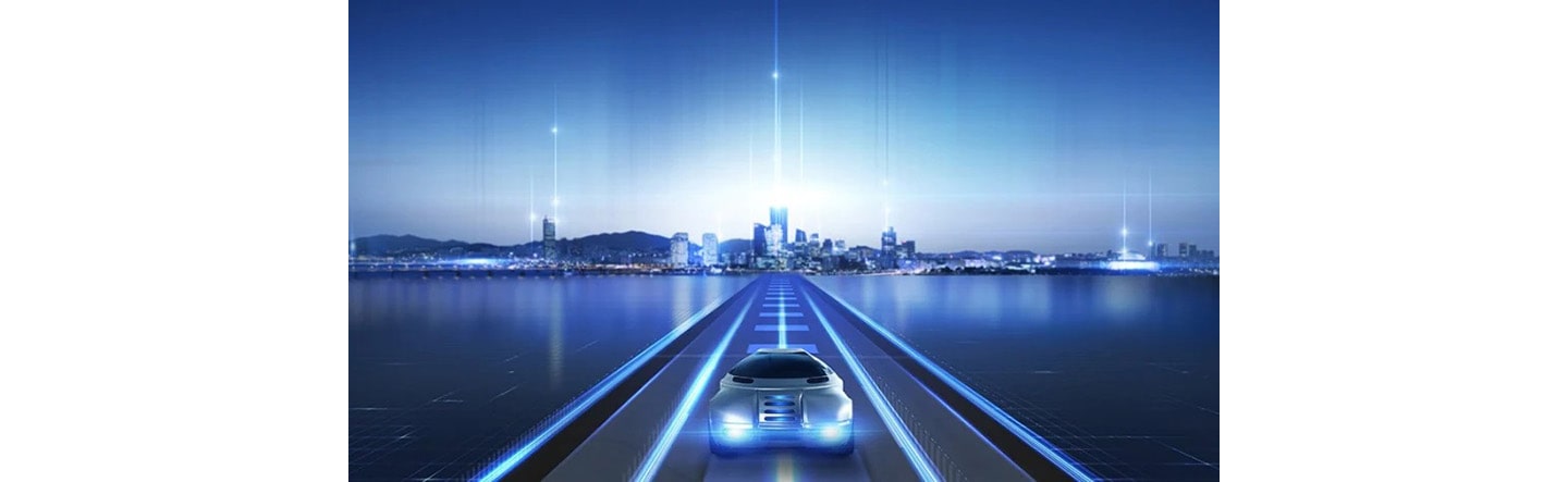 A futuristic illustration of a car driving down the narrow road with a view of a city in the background