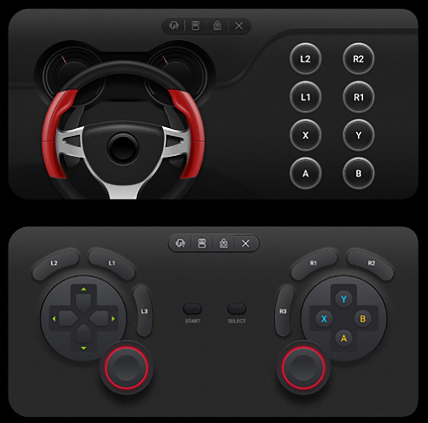 Full-sized touchscreen controllers on the LG Dual Screen, which allows users to either choose their game pads for shooting, racing, action and sports games, or design their own game pad.