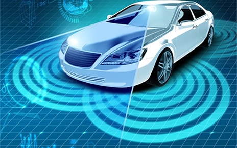 A graphic of a vehicle equipped with advanced technologies