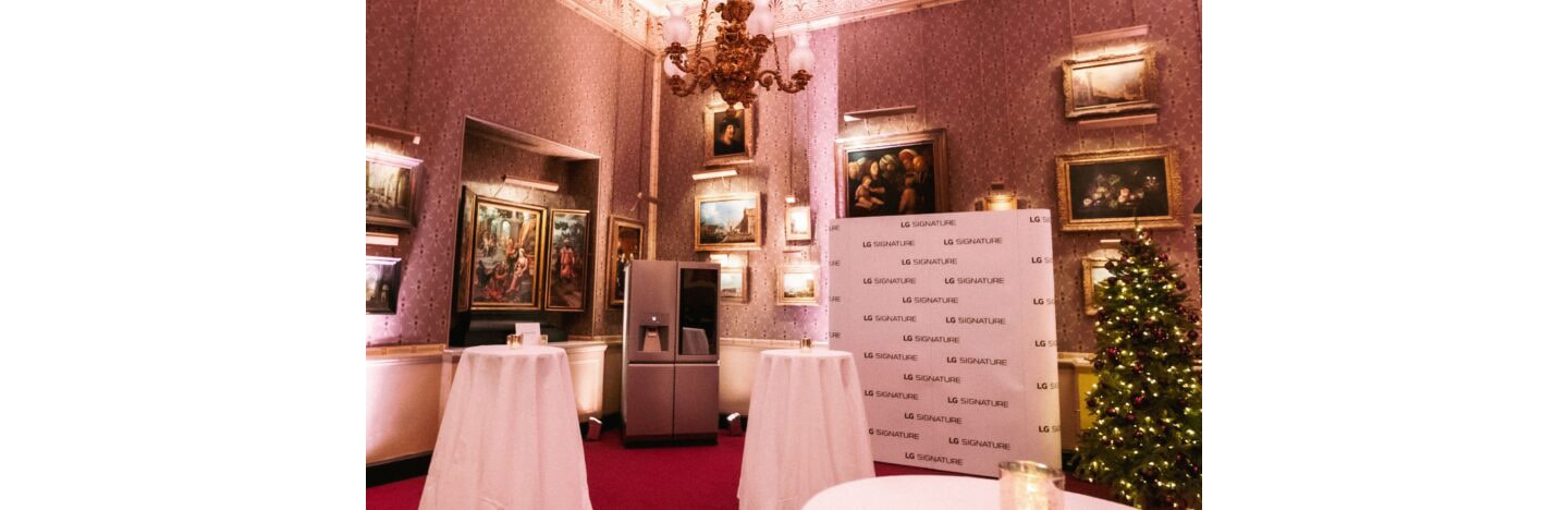 The Prince of Wales room of the Royal Albert Hall filled with LG SIGNATURE's luxurious products and beautiful pictures for the event