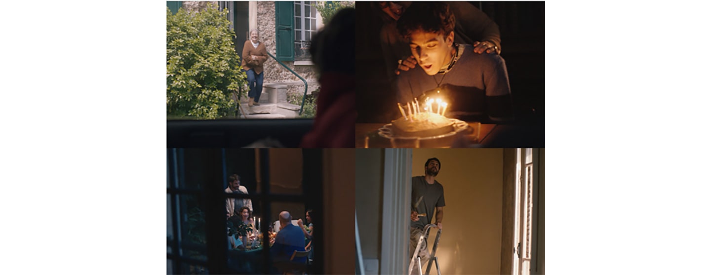 Four images from LG’s YouTube video - a grandmother coming to greet her grandchild, a man blowing out birthday cake candles, a family having dinner together and a man painting his home.