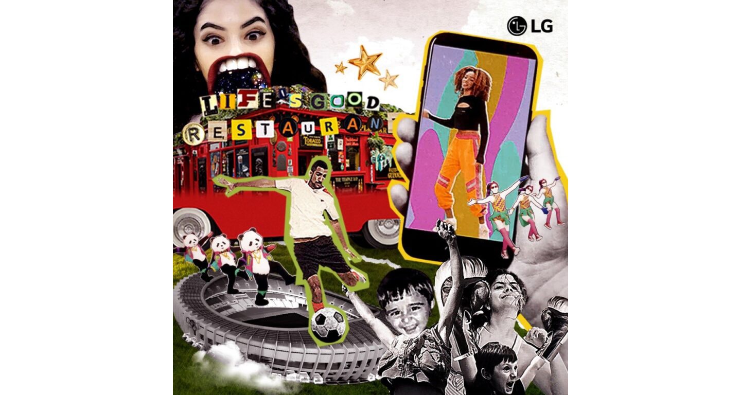  A collage promoting the Life’s Good Restaurant with a smartphone displaying a woman dancing and a man playing football