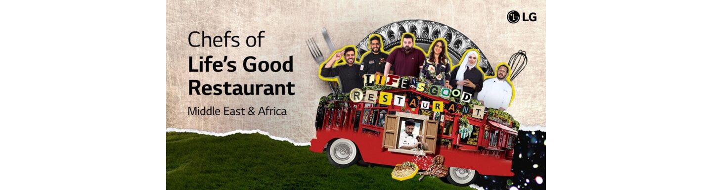 A promotional image displaying the celebrity chefs of the Life's Good Restaurant on top of the restaurant which is on wheels