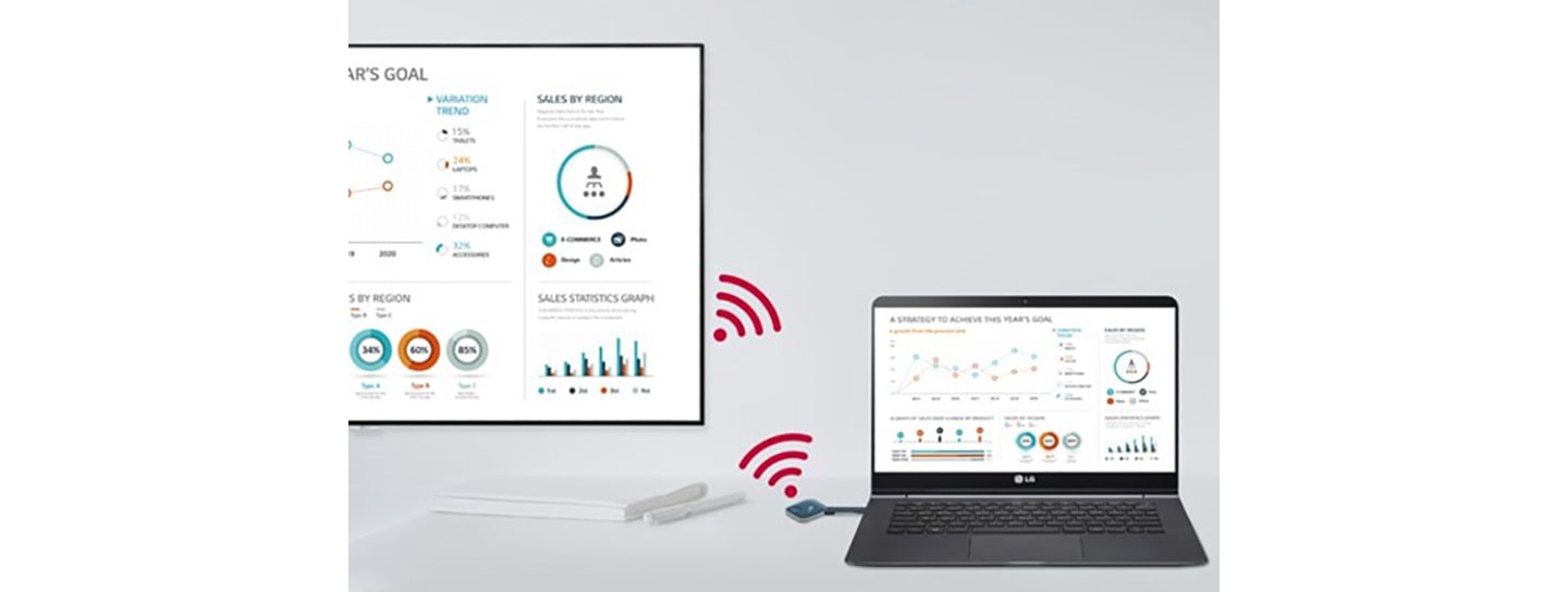 A laptop and One:Quick Works connecting via Wi-Fi to show the same screen thanks to the One:Quick Share feature.