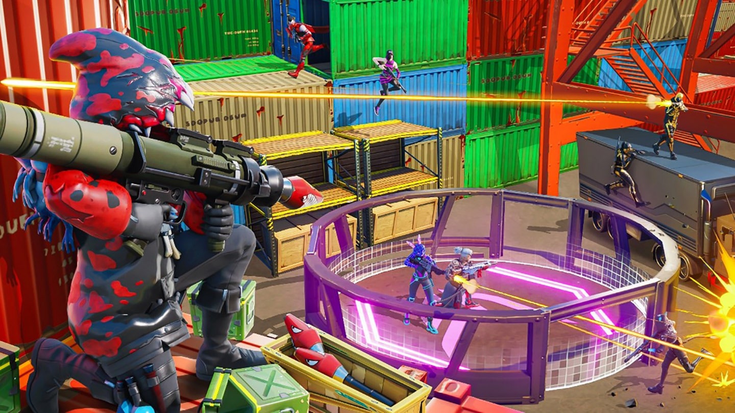 A character aiming at other players to gain score in UltraCity, LG UltraGear brand map in Fortnite