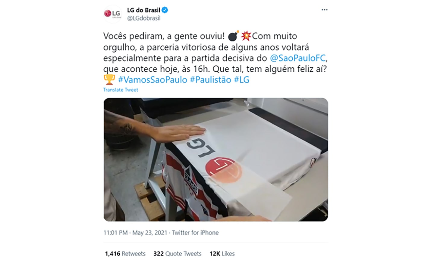  LG Brazil’s Instagram post showing the LG logo being printed on São Paulo FC’s shirt