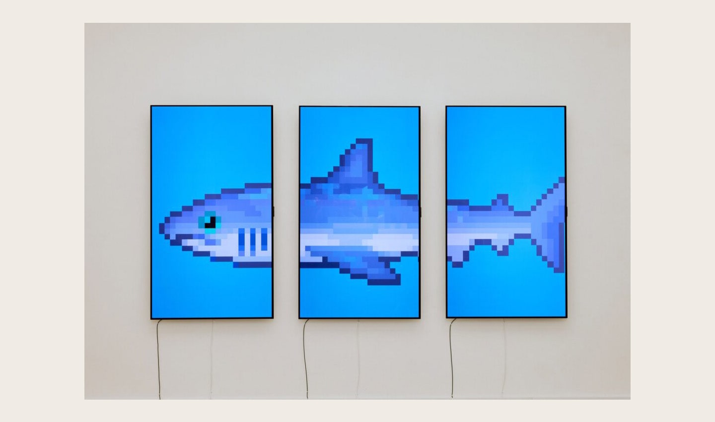 ‘THE S/H/A/R/K’ by Damien Hirst displayed on LG OLED TV at Saatchi Gallery