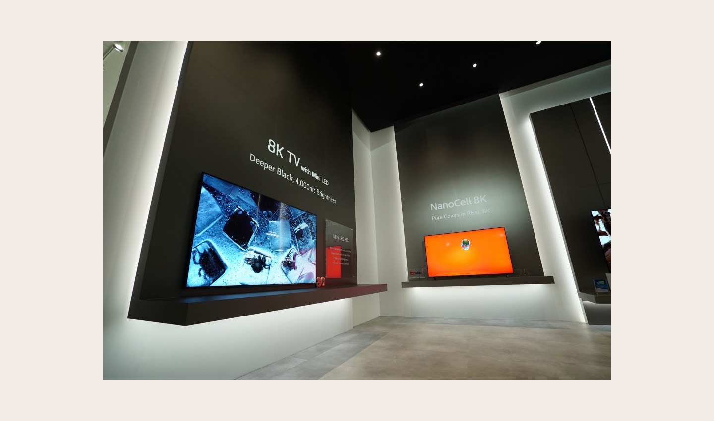 A view of the corner of LG’s 8K TV zone at CES 2020, with the company’s Mini LED and 8K NanoCell TVs on display