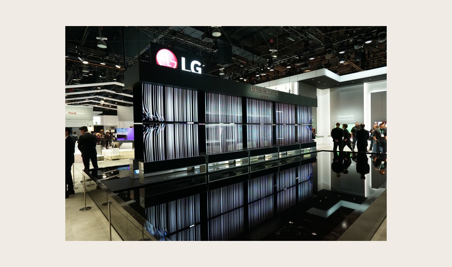 Ten LG SIGNATURE OLED R TVs, five of them hanging upside down, create an awe-inspiring display all in their full-view modes at the company’s CES 2020 booth