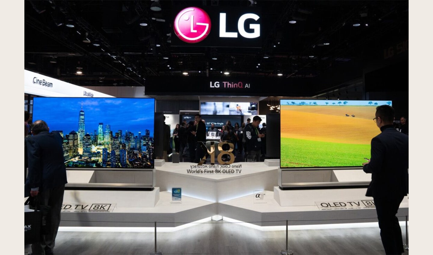 Front view of the LG 8K OLED TV display zone with two 8K models at the company's booth during CES 2019