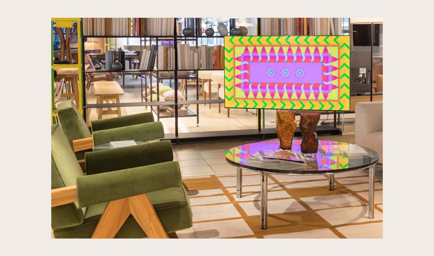 LG OLED evo TVs featured in Yinka Ilori's art installations titled 'Forest of Eyes' at the Conrad Shop