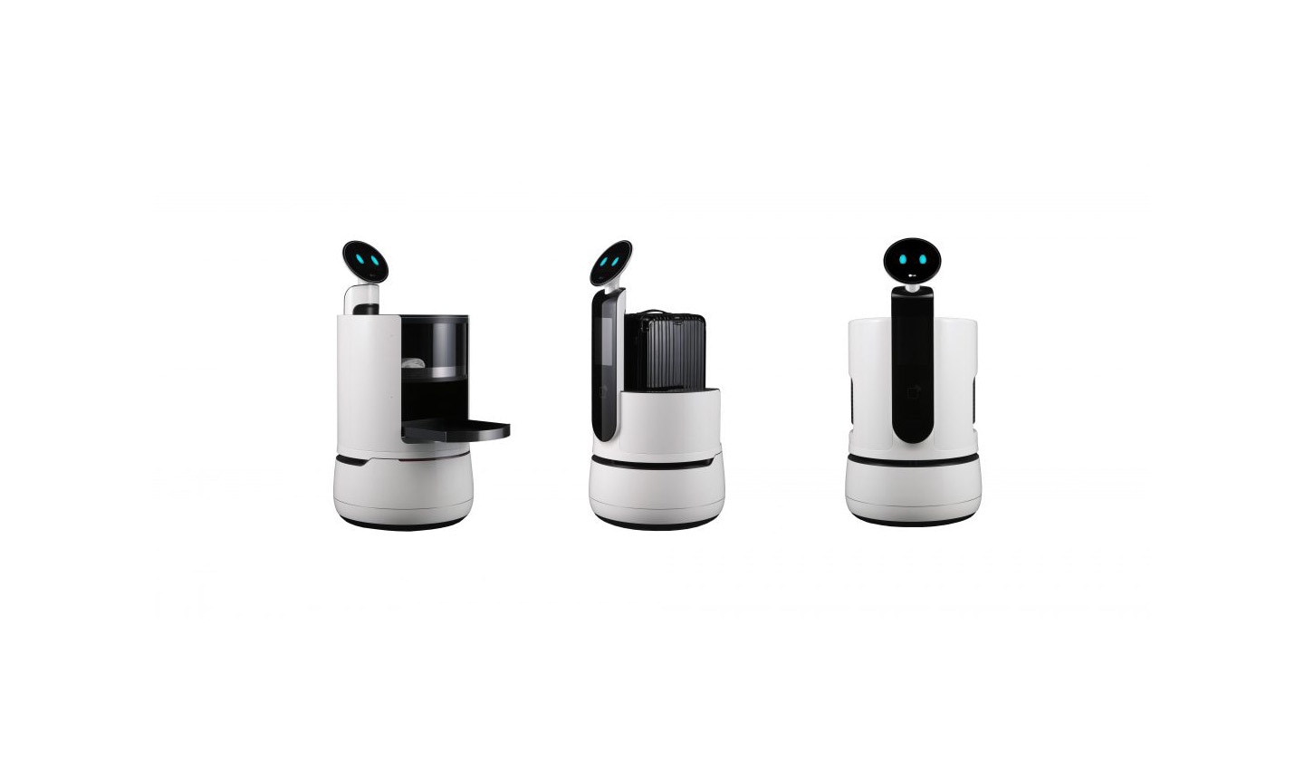 Image of CLOi robot lineup: LG CLOi ServeBot, LG CLOi PorterBot and LG CLOi CartBot