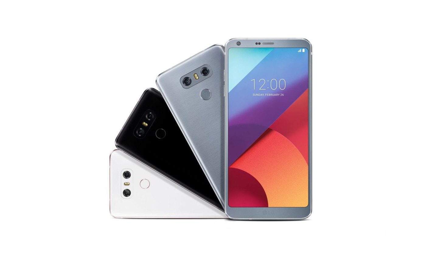 Front view of an LG G6 smartphone and rear view of three LG G6 phones to show three color options