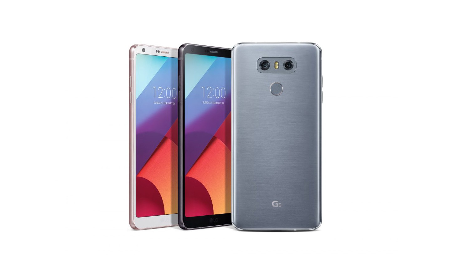 Rear view of an LG G6 and front view of two LG G6 phones showing three color options