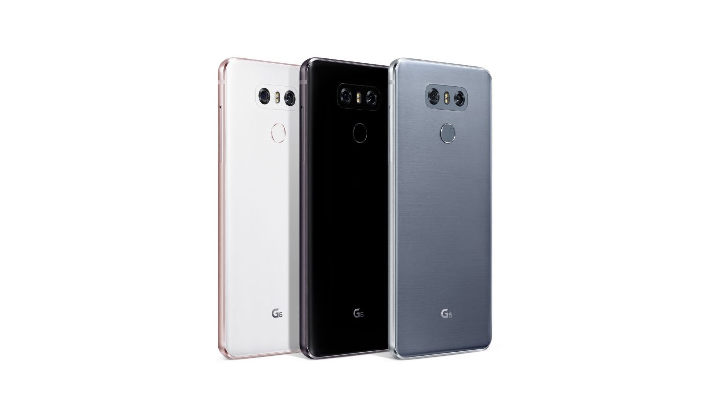 Rear view of three LG G6 phones showing three color options