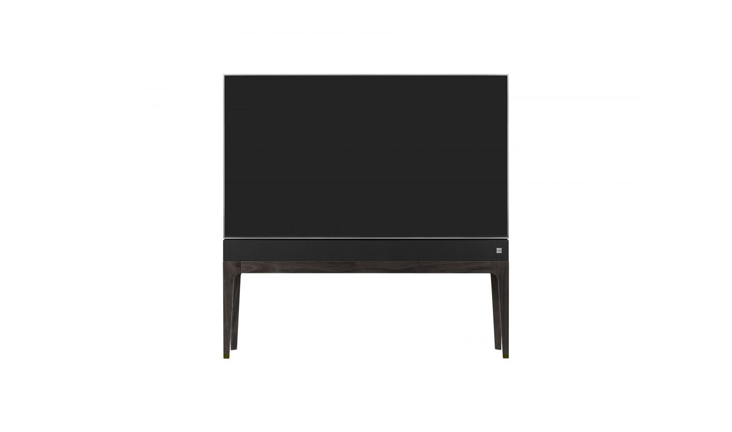 Front view of LG OBJET TV, which is built into a slender cabinet with wooden legs