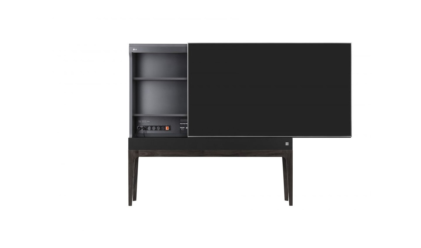 Front view of LG OBJET TV with display slid to the right to reveal input connections built into cabinet