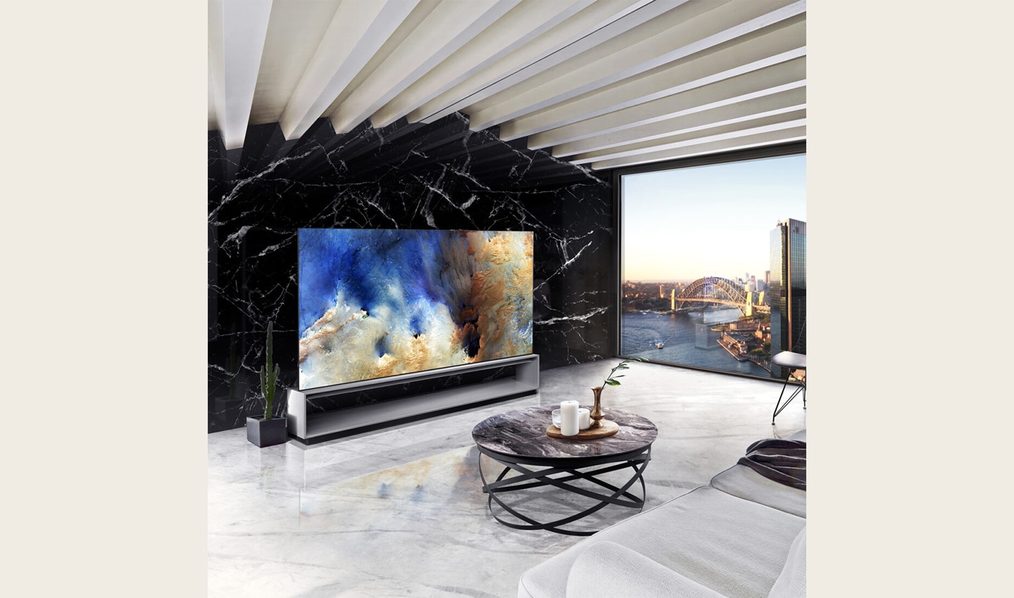 A dynamic, contemporary living space oozing with sophistication thanks to the LG SIGNATURE OLED 8K set against an opposing slab of Spanish Marquina Black marble, the perfect backdrop for the OLED TV's SELF-LIT pixels to deliver richest colors and deepest blacks.